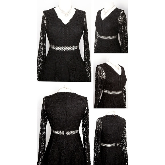 Black Crochet Lace Overlay Fit Flared Skater Dress - Picture 3 of 8